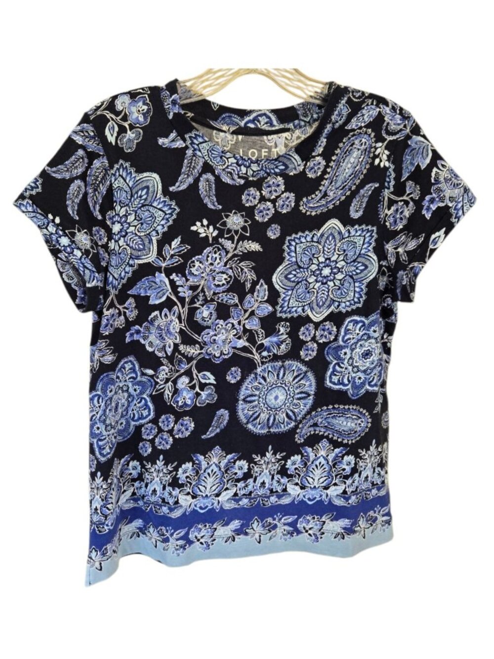 Floral Navy & Blue Cotton Short Sleeve Womens Top XS